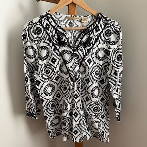 Ecologie Large Black & White Linen Bohemian 3/4 Sleeve Embroidered Tunic Blouse